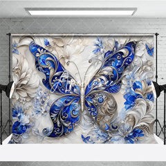 Aperturee - Aperturee Elegant Blue and Silver Ornate Butterfly Photography Backdrop Intricate Floral Textured Design for Fine Art Portraits.