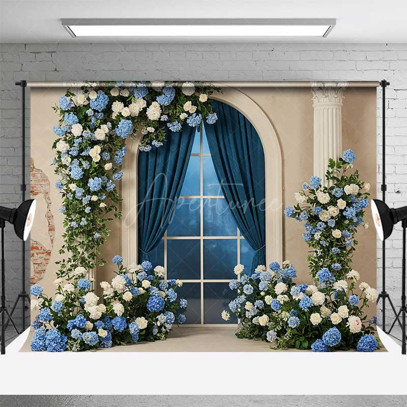 Aperturee Aperturee Elegant Blue and White Floral Arch Window Photography Backdrop Hydrangea and Rose Garland Classic Wedding Prop