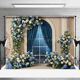 Aperturee Aperturee Elegant Blue and White Floral Arch Window Photography Backdrop Hydrangea and Rose Garland Classic Wedding Prop