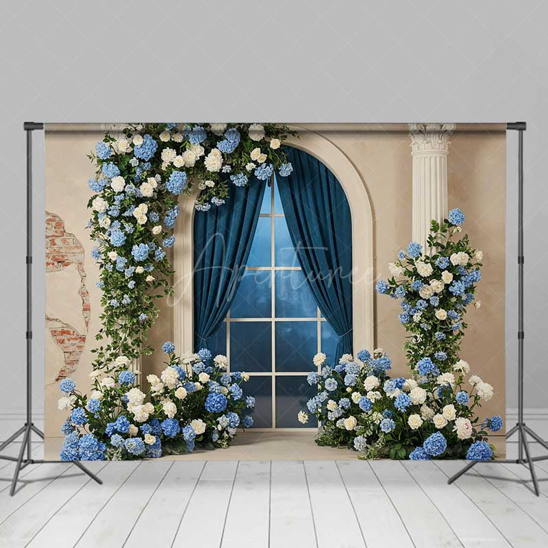 Aperturee Aperturee Elegant Blue and White Floral Arch Window Photography Backdrop Hydrangea and Rose Garland Classic Wedding Prop