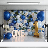 Aperturee - Aperturee Elegant Blue and White Floral Photography Backdrop Gold Number One Balloon and ONE Letters for First Birthday