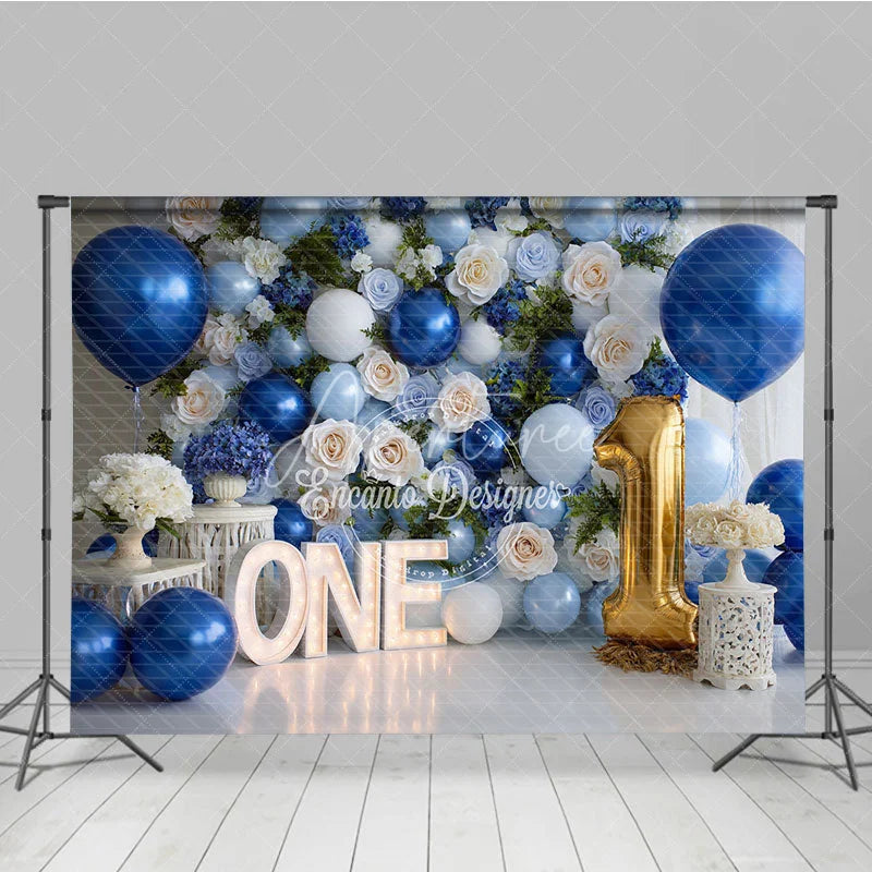 Aperturee - Aperturee Elegant Blue and White Floral Photography Backdrop Gold Number One Balloon and ONE Letters for First Birthday