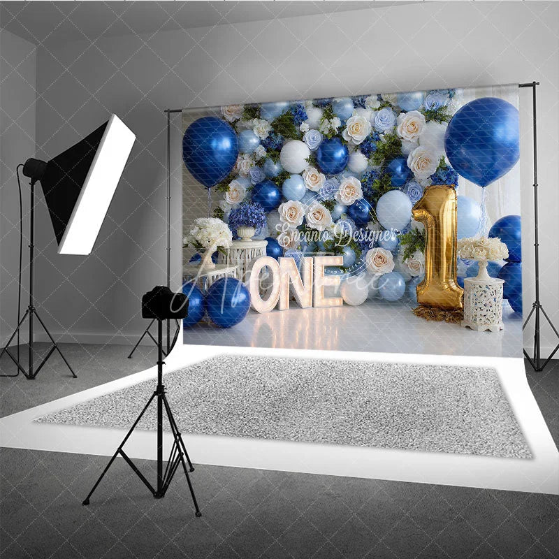 Aperturee - Aperturee Elegant Blue and White Floral Photography Backdrop Gold Number One Balloon and ONE Letters for First Birthday