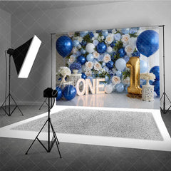 Aperturee - Aperturee Elegant Blue and White Floral Photography Backdrop Gold Number One Balloon and ONE Letters for First Birthday