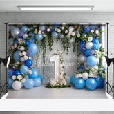 Aperturee - Aperturee Elegant Blue and White Floral Photography Backdrop with Balloons Greenery and Number One for First Birthday Party