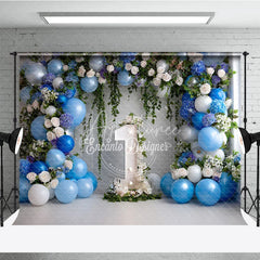 Aperturee - Aperturee Elegant Blue and White Floral Photography Backdrop with Balloons Greenery and Number One for First Birthday Party