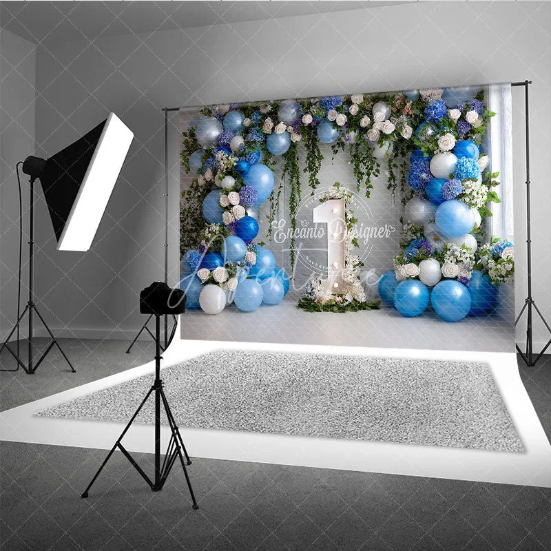 Aperturee - Aperturee Elegant Blue and White Floral Photography Backdrop with Balloons Greenery and Number One for First Birthday Party