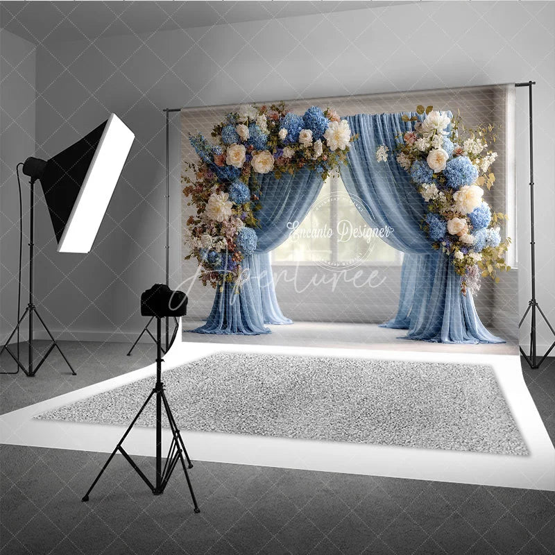 Aperturee - Aperturee Elegant Blue Curtain Photography Backdrop Floral Arch with Hydrangeas Wedding or Maternity Photo Background