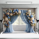 Aperturee - Aperturee Elegant Blue Curtain Photography Backdrop Floral Arch with Hydrangeas Wedding or Maternity Photo Background
