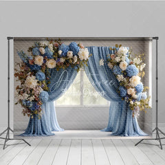 Aperturee - Aperturee Elegant Blue Curtain Photography Backdrop Floral Arch with Hydrangeas Wedding or Maternity Photo Background