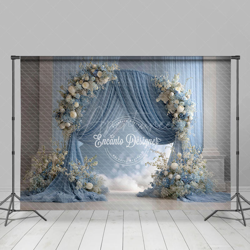 Aperturee - Aperturee Elegant Blue Draped Arch Photography Backdrop White Floral for Indoor Wedding Romantic Ceremony Background