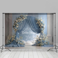 Aperturee - Aperturee Elegant Blue Draped Arch Photography Backdrop White Floral for Indoor Wedding Romantic Ceremony Background