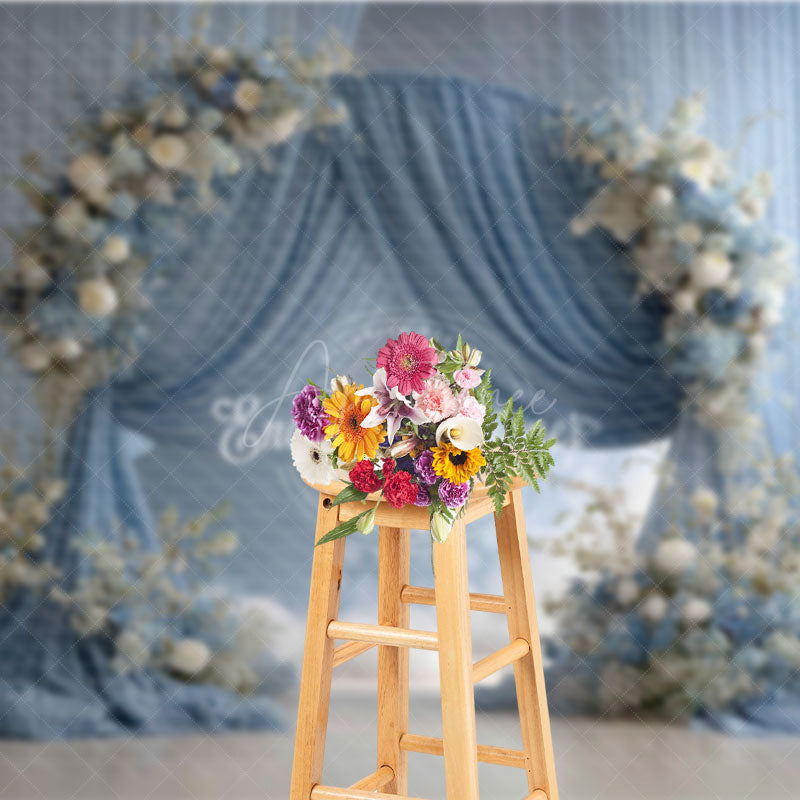 Aperturee - Aperturee Elegant Blue Draped Arch Photography Backdrop White Floral for Indoor Wedding Romantic Ceremony Background