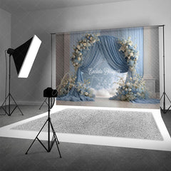 Aperturee - Aperturee Elegant Blue Draped Arch Photography Backdrop White Floral for Indoor Wedding Romantic Ceremony Background