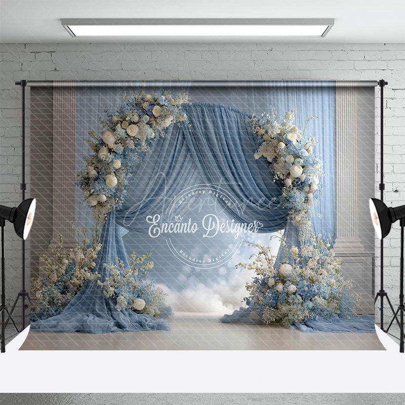 Aperturee - Aperturee Elegant Blue Draped Arch Photography Backdrop White Floral for Indoor Wedding Romantic Ceremony Background