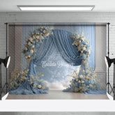 Aperturee - Aperturee Elegant Blue Draped Arch Photography Backdrop White Floral for Indoor Wedding Romantic Ceremony Background