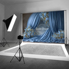 Aperturee - Aperturee Elegant Blue Draped Fabric Photography Backdrop Round Arch with Gold Floral Luxury Maternity Photo Background