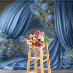 Aperturee - Aperturee Elegant Blue Draped Fabric Photography Backdrop Round Arch with Gold Floral Luxury Maternity Photo Background