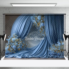 Aperturee - Aperturee Elegant Blue Draped Fabric Photography Backdrop Round Arch with Gold Floral Luxury Maternity Photo Background