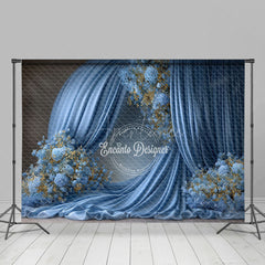 Aperturee - Aperturee Elegant Blue Draped Fabric Photography Backdrop Round Arch with Gold Floral Luxury Maternity Photo Background
