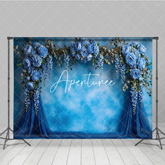 Aperturee - Aperturee Elegant Blue Floral Arch Photography Backdrop with Peonies and Wisteria Textured Sky Background for Baby Shower Party