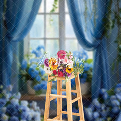 Aperturee - Aperturee Elegant Blue Floral Leaf Window Scene Photo Backdrop