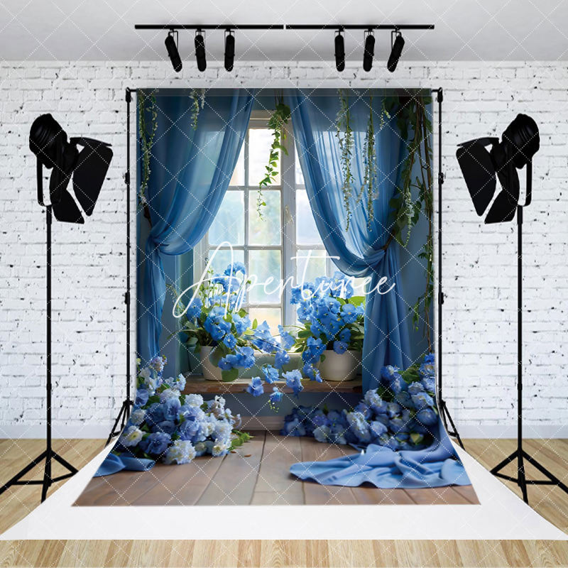 Aperturee - Aperturee Elegant Blue Floral Leaf Window Scene Photo Backdrop