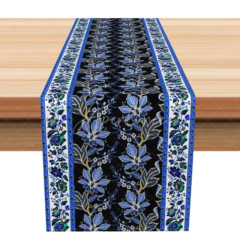 Aperturee - Aperturee Elegant Blue Floral Table Runner with Paisley Border Ethnic Botanical Design for Dining Table Decor
