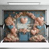 Aperturee - Aperturee Elegant Blue Gold Ornate Wall Photography Backdrop with Pink and Blue Heart Balloons Romantic Floral Arch Celebration