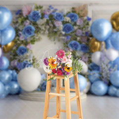 Aperturee - Aperturee Elegant Blue Gold White Balloons and Floral Arch Number One Photography Backdrop First Birthday Party Decor