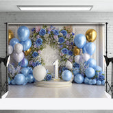 Aperturee - Aperturee Elegant Blue Gold White Balloons and Floral Arch Number One Photography Backdrop First Birthday Party Decor