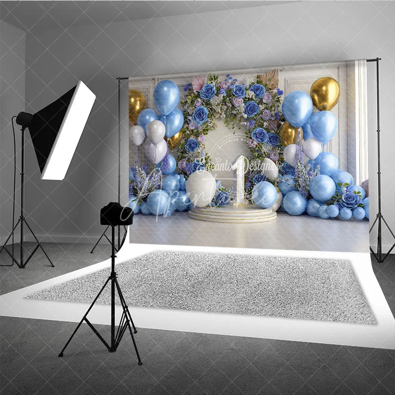 Aperturee - Aperturee Elegant Blue Gold White Balloons and Floral Arch Number One Photography Backdrop First Birthday Party Decor