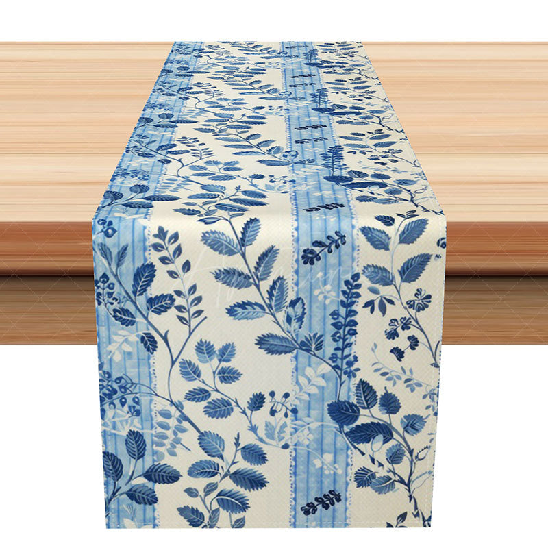 Aperturee - Aperturee Elegant Blue Leaf and Stripe Table Runner for Spring Fresh Botanical Kitchen Decor Modern Farmhouse Dining