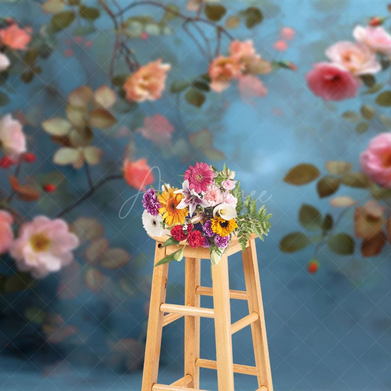 Aperturee - Aperturee Elegant Blue Pink Floral Leaves Photography Backdrop