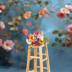 Aperturee - Aperturee Elegant Blue Pink Floral Leaves Photography Backdrop