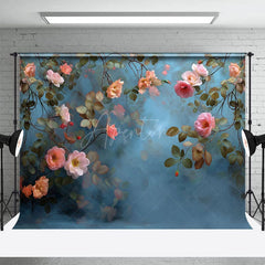 Aperturee - Aperturee Elegant Blue Pink Floral Leaves Photography Backdrop