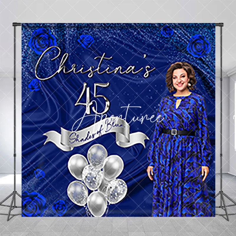 Aperturee - Aperturee Elegant Blue Rose Custom Name 45th Birthday Backdrop