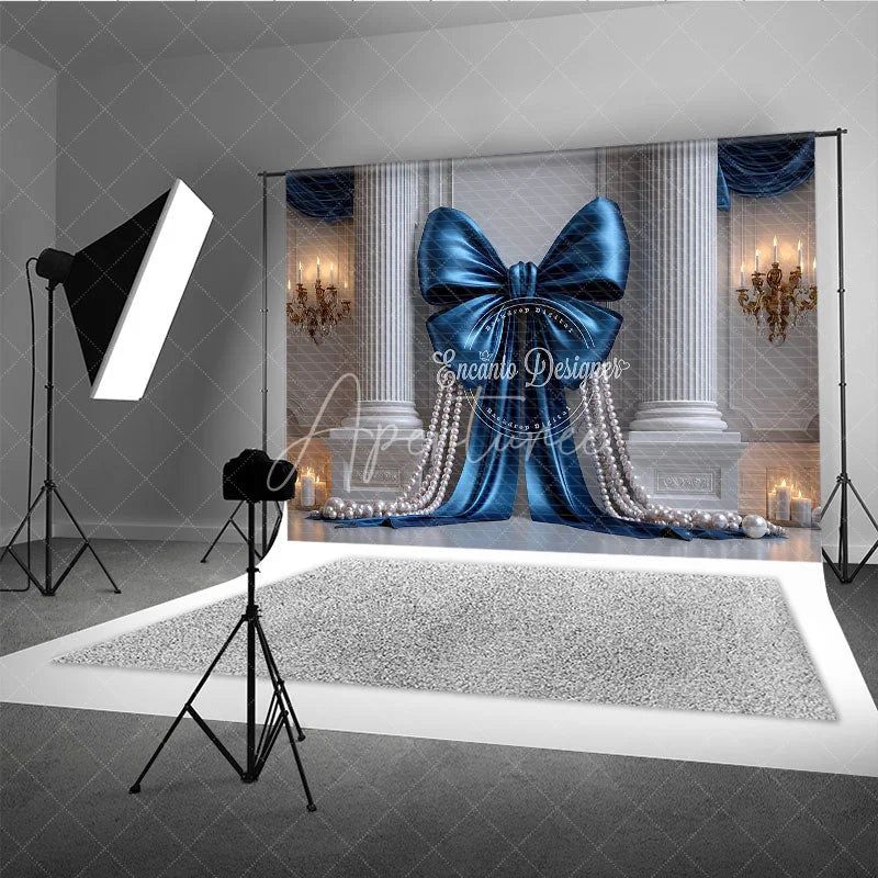 Aperturee - Aperturee Elegant Blue Satin Bow and Pearl Photography Backdrop Classical Columns and Golden Chandeliers for Luxury Events