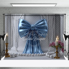 Aperturee - Aperturee Elegant Blue Satin Bow and White Pearl Photography Backdrop featuring Classical Columns and Pink Roses