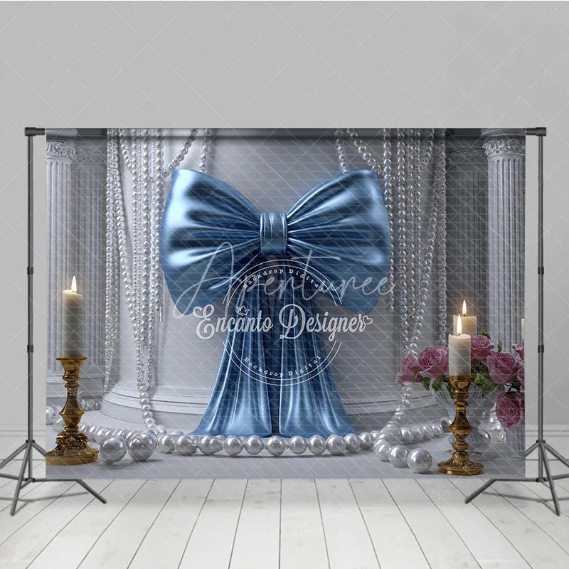 Aperturee - Aperturee Elegant Blue Satin Bow and White Pearl Photography Backdrop featuring Classical Columns and Pink Roses