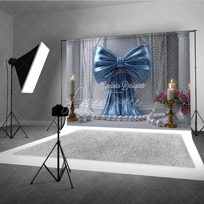 Aperturee - Aperturee Elegant Blue Satin Bow and White Pearl Photography Backdrop featuring Classical Columns and Pink Roses
