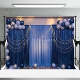 Aperturee - Aperturee Elegant Blue Sequin and Fabric Photography Backdrop with Balloons and String Lights Festive Party Celebration Decor