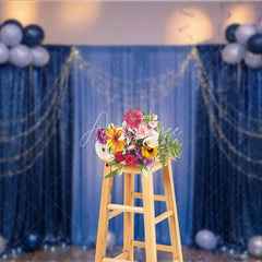 Aperturee - Aperturee Elegant Blue Sequin and Fabric Photography Backdrop with Balloons and String Lights Festive Party Celebration Decor