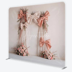 Aperturee - Aperturee Elegant Blush Pink and Cream Bows Square Double-Sided Backdrop Romantic Rose Floral Arch for Events