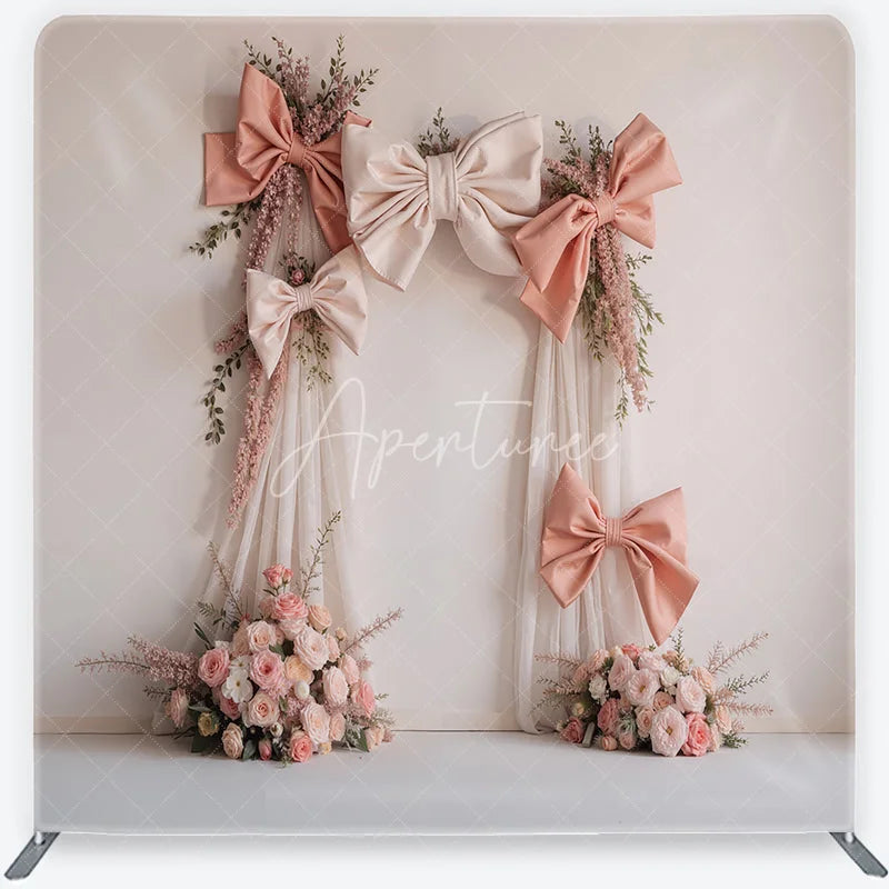 Aperturee - Aperturee Elegant Blush Pink and Cream Bows Square Double-Sided Backdrop Romantic Rose Floral Arch for Events