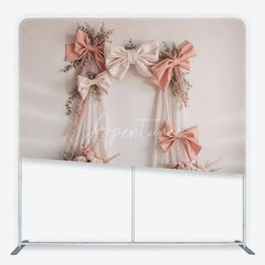 Aperturee - Aperturee Elegant Blush Pink and Cream Bows Square Double-Sided Backdrop Romantic Rose Floral Arch for Events