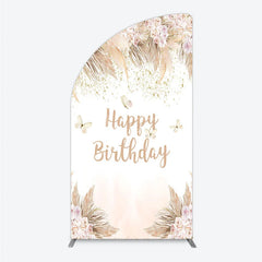 Aperturee - Aperturee Elegant Boho Happy Birthday Half Moon Arch Backdrop with Pampas Grass Roses and Butterflies