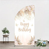 Aperturee - Aperturee Elegant Boho Happy Birthday Half Moon Arch Backdrop with Pampas Grass Roses and Butterflies
