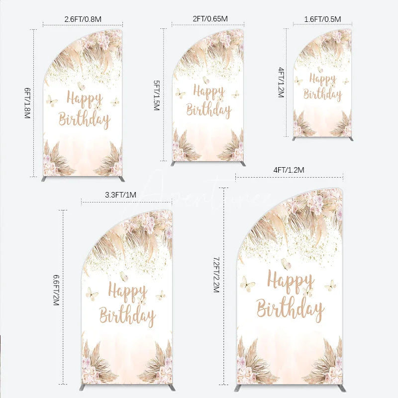 Aperturee - Aperturee Elegant Boho Happy Birthday Half Moon Arch Backdrop with Pampas Grass Roses and Butterflies
