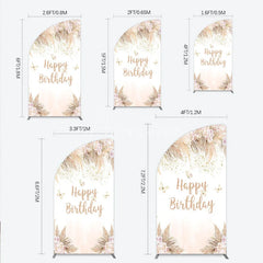 Aperturee - Aperturee Elegant Boho Happy Birthday Half Moon Arch Backdrop with Pampas Grass Roses and Butterflies